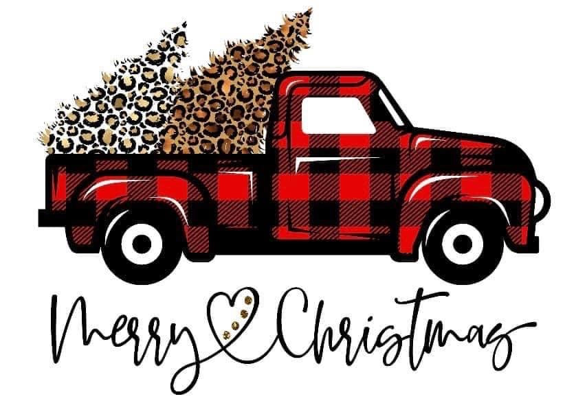 Merry Christmas red buffalo plaid truck with leopard trees
